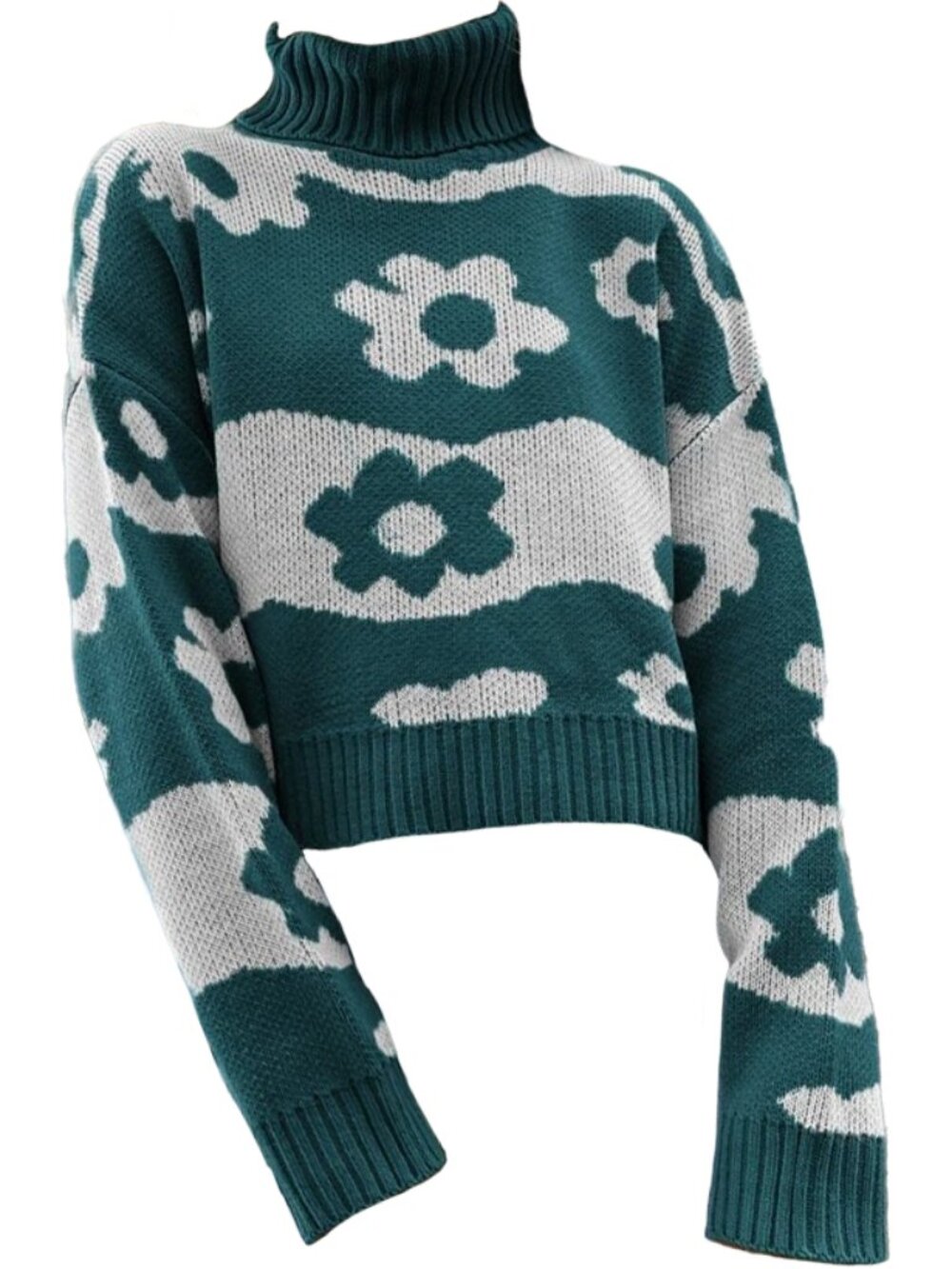 Teal & White Floral Turtleneck Sweater